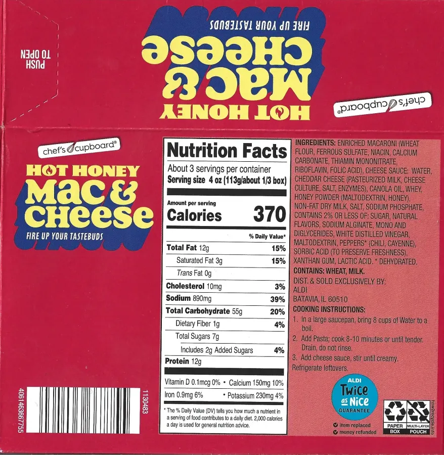 Chefs Cupboard Hot Honey Mac And Cheese Ingredients Nutrition Facts Cooking Directions