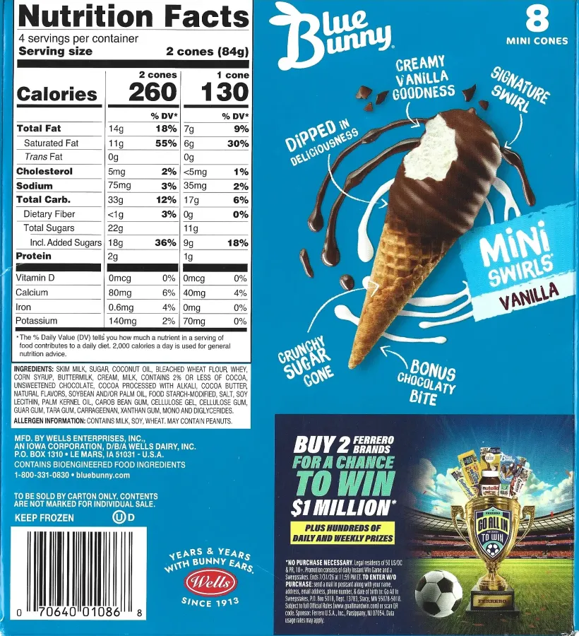Blue Bunny Mini Swirls Ice Cream Cones Vanilla Ingredients Nutrition Facts