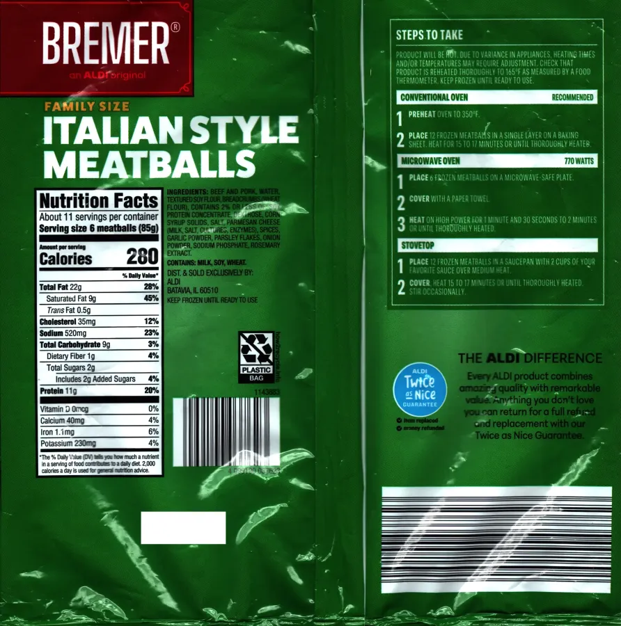 Bremer Family Size Italian Style Meatballs Ingredients Nutrition Facts Cooking Directions