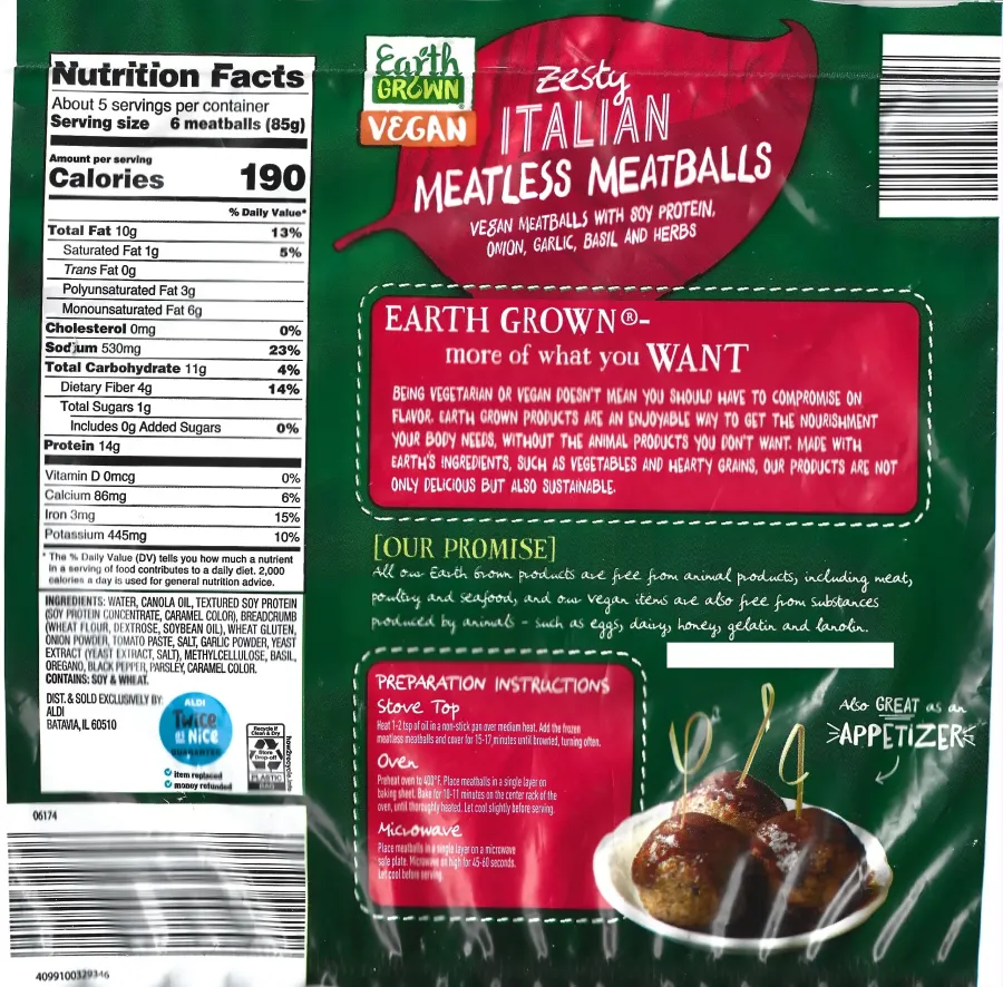 Earth Grown Meatless Meatballs Ingredients Nutrition Facts Cooking Directions