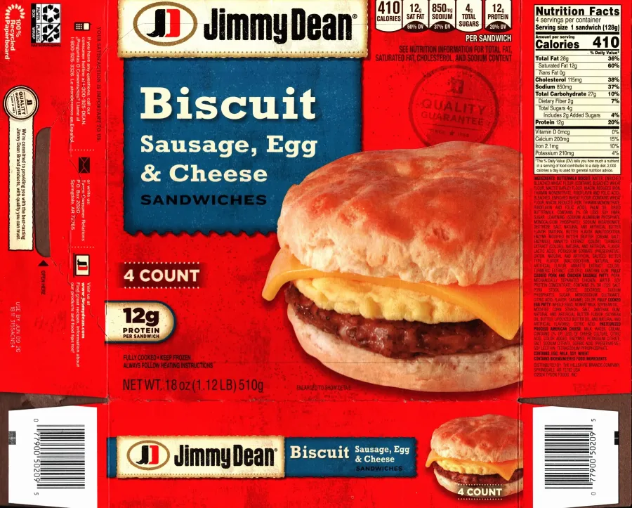 Jimmy Dean Sausage Egg And Cheese Biscuit Sandwiches Ingredients Nutrition Facts