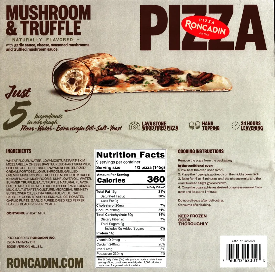 Pizza Roncadin Mushroom And Truffle Pizza Ingredients Nutrition Facts Cooking Directions