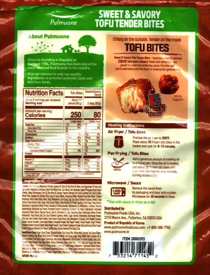 Pulmuone Sweet And Savory Tofu Tender Bites Ingredients Nutrition Facts Cooking Directions