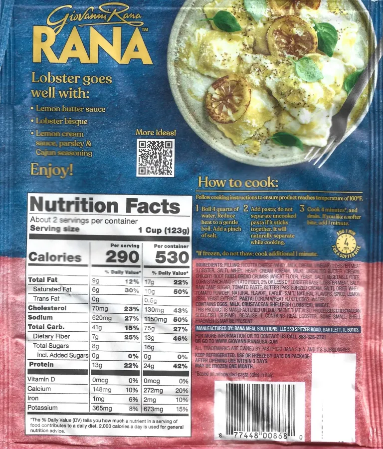 Rana Lobster Ravioli Ingredients Nutrition Facts Cooking Directions