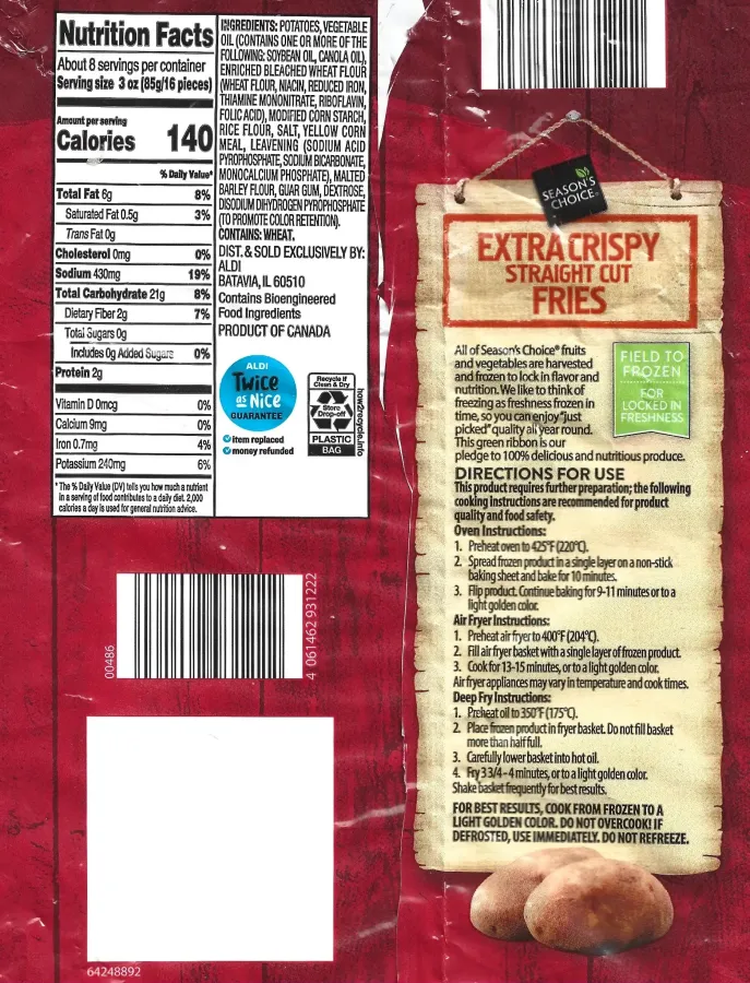 Seasons Choice Extra Crispy Straight Cut Fries Ingredients Nutrition Facts Cooking Directions
