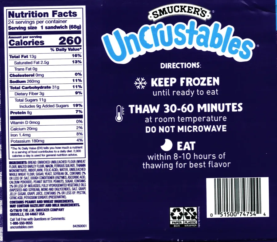 Smuckers Uncrustables Peanut Butter And Grape Jelly Ingredients Nutrition Facts