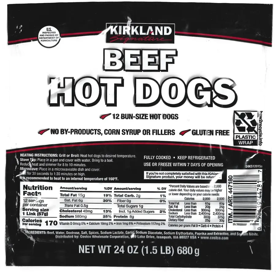 Kirkland Signature Beef Bun Size Hot Dogs Ingredients Nutrition Facts