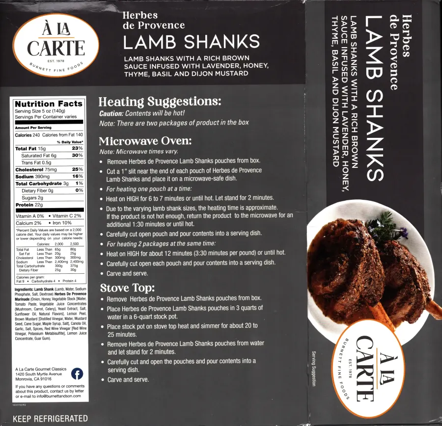 A La Carte Burnette Fine Foods Herbes De Provence Lamb Shanks Ingredients Nutrition Facts Cooking Directions