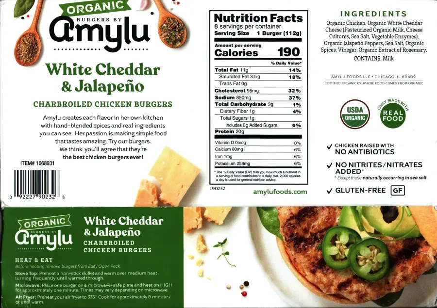 Amylu Organic White Cheddar Jalapeno Chicken Burgers Ingredients Nutrition Facts Cooking Directions