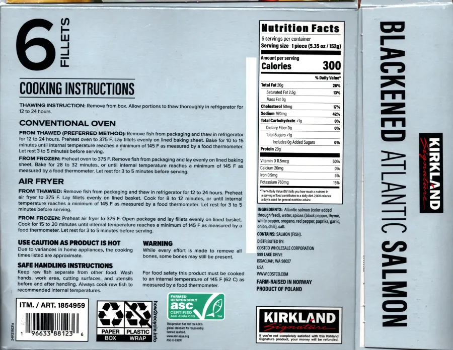 Kirkland Signature Blackened Atlantic Salmon Ingredients Nutrition Facts Cooking Directions