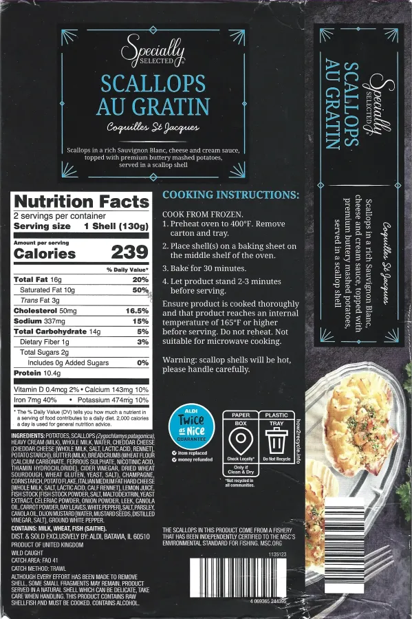 Specially Selected Scallops Au Gratin Ingredients Nutrition Facts Cooking Directions