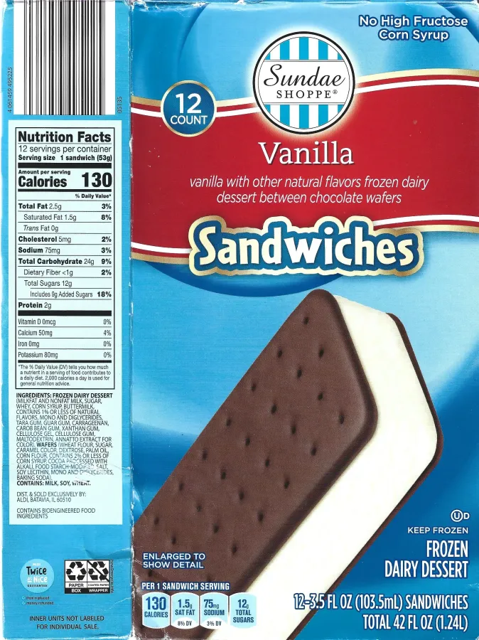 Sundae Shoppe Vanilla Ice Cream Sandwiches Ingredients Nutrition Facts