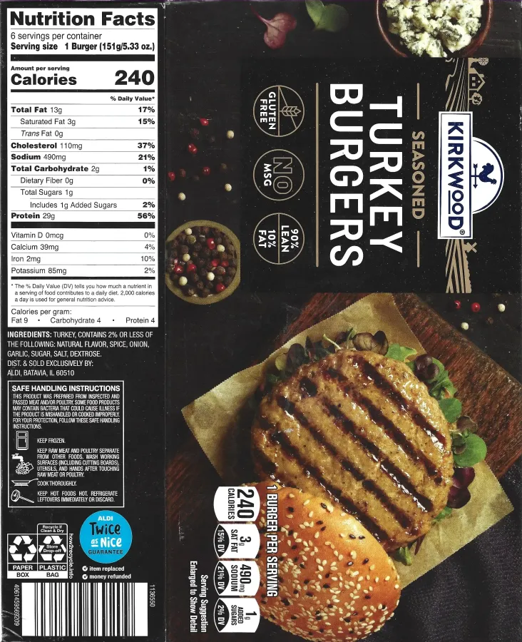 Kirkwood Seasoned Turkey Burgers Cooking Nutrition Facts Ingredients