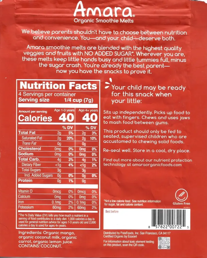 Amara Organic Smoothie Melts Mango Ingredients Nutrition Facts