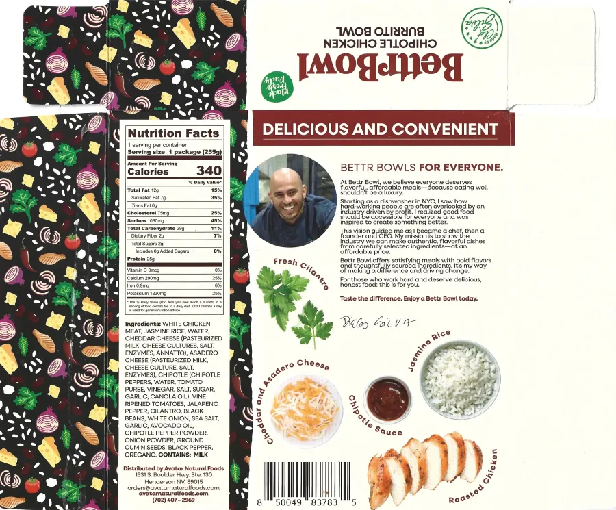 Bettr Bowl Chipotle Chicken Burrito Bowl Ingredients Nutrition Facts