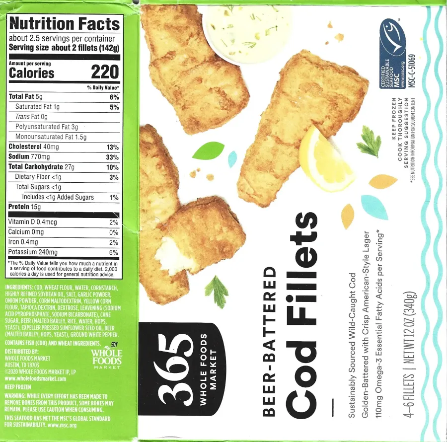 365 Whole Foods Beer Battered Cod Fillets Ingredients Nutrition Facts