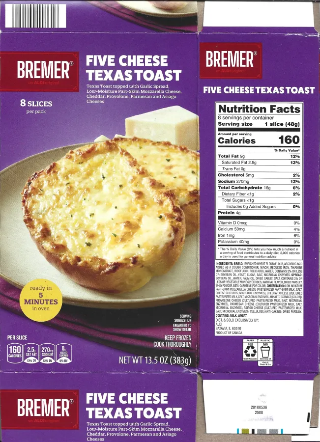 Bremer Five Cheese Texas Toast Ingredients Nutrition Facts