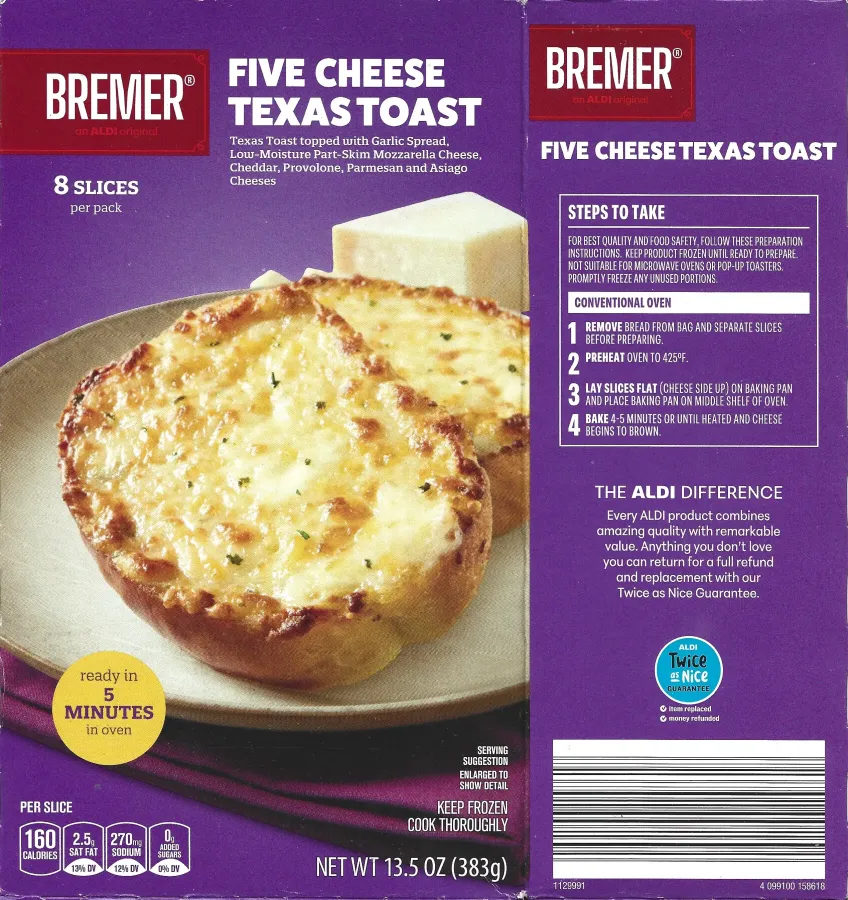 Bremer Five Cheese Texas Toast Cooking Directions