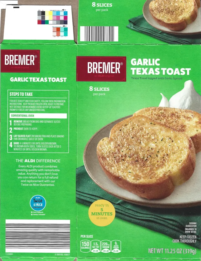 Bremer Garlic Texas Toast Cooking Directions