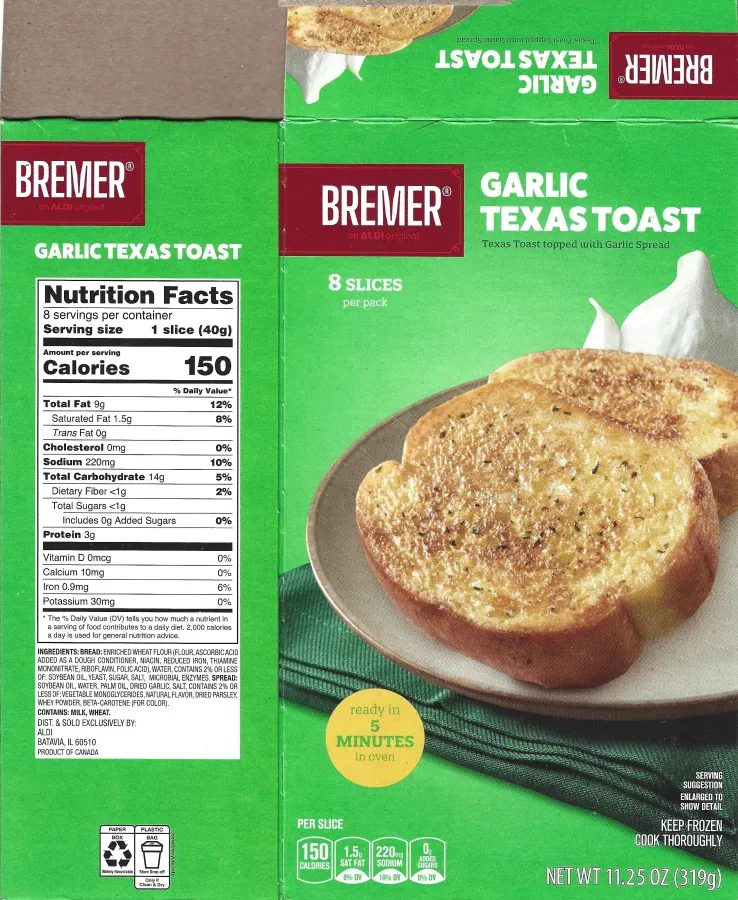 Bremer Garlic Texas Toast Ingredients Nutrition Facts