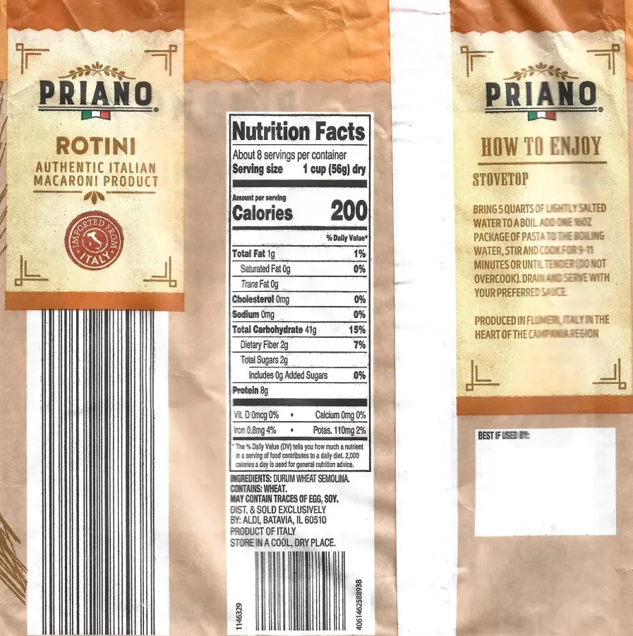 Priano Rotini Pasta Ingredients Nutrition Facts Cooking Directions