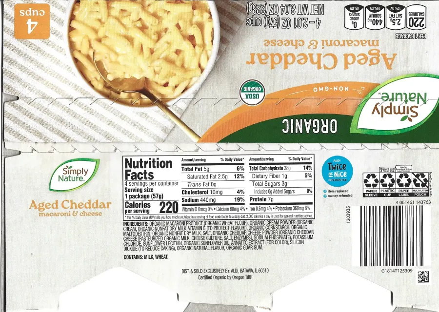 Simply Nature Aged Cheddar Macaroni And Cheese Cups Ingredients Nutrition Facts Cooking Directions