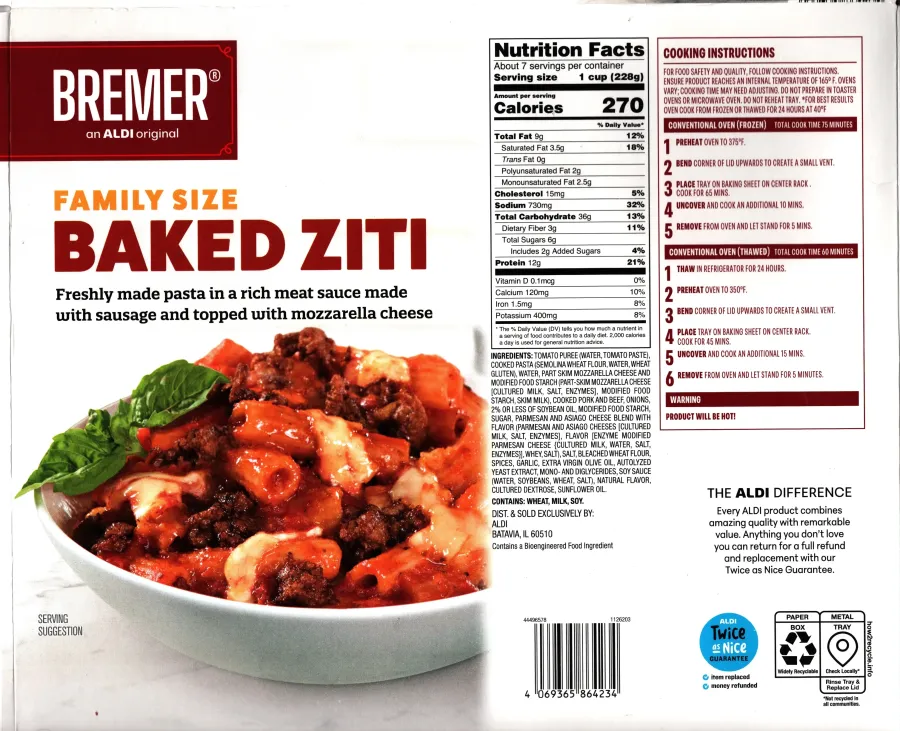 Bremer Family Size Baked Ziti Ingredients Nutrition Facts Cooking Directions