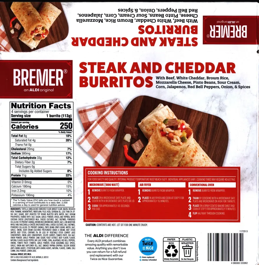 Bremer Steak And Cheddar Burritos Ingredients Nutrition Facts Cooking Directions