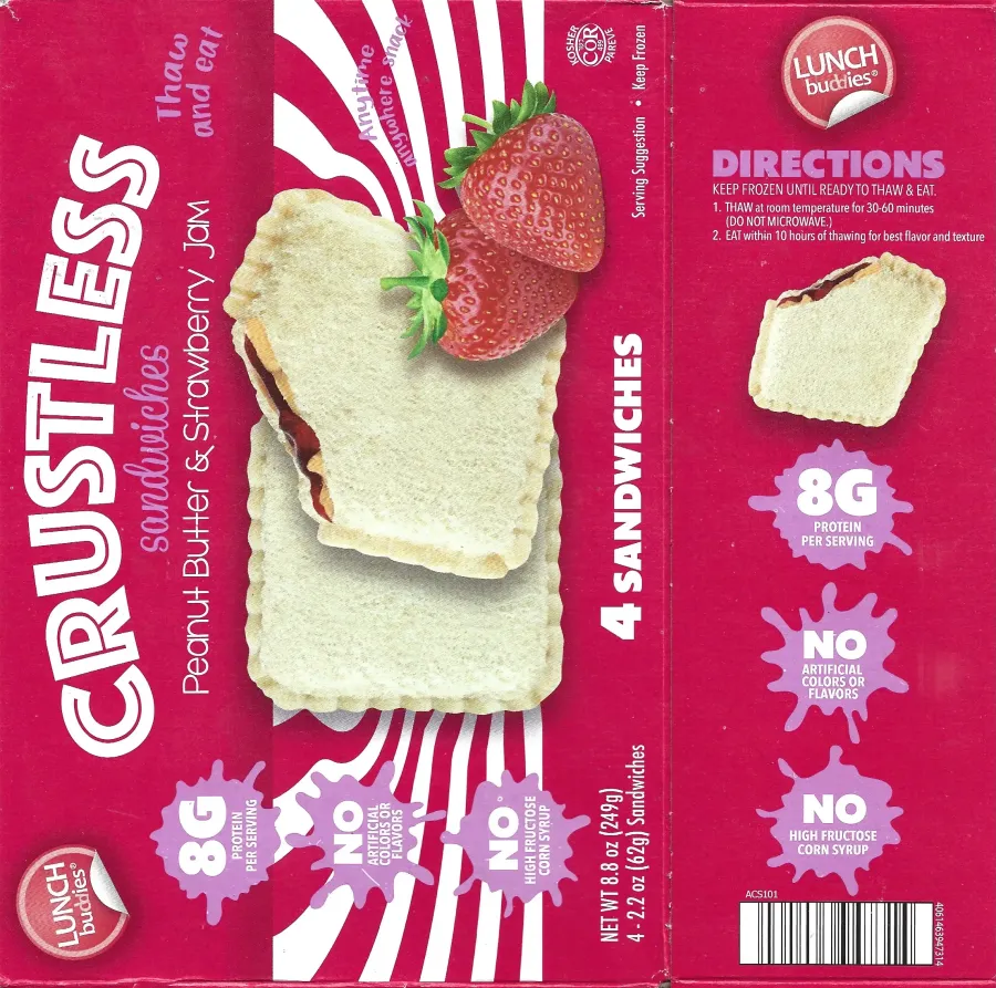 Lunch Buddies Crustless Peanut Butter Strawberry Jam Sandwiches Directions
