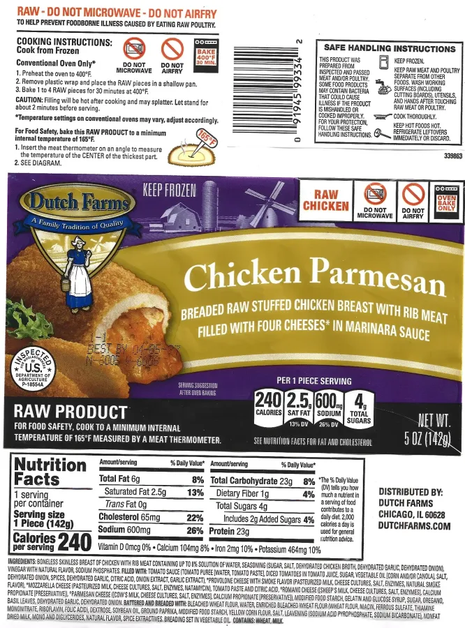 Dutch Farms Chicken Parmesan Raw Ingredients Nutrition Facts Cooking Directions