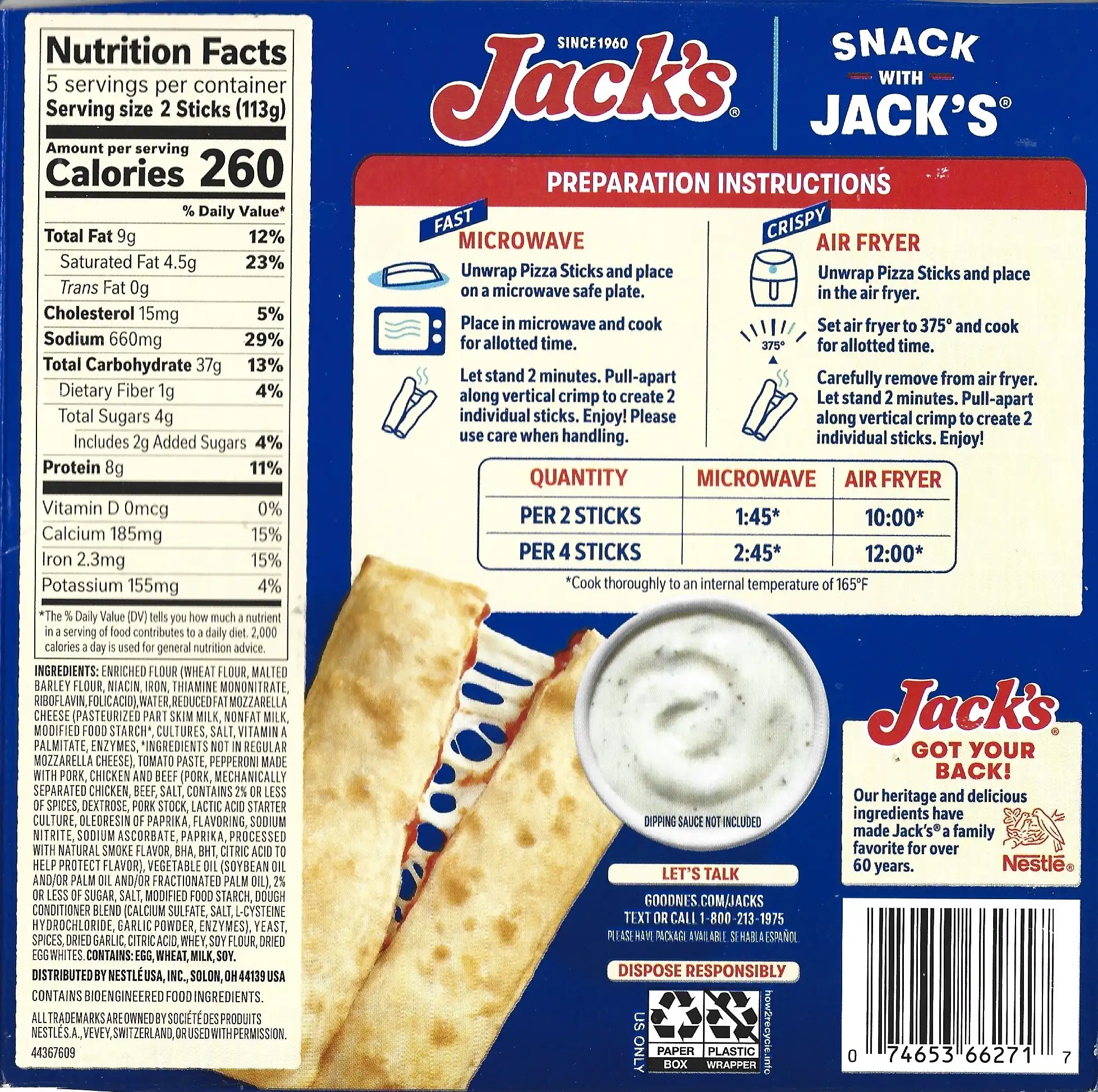 Jacks Pull Apart Pepperoni Pizza Sticks Ingredients Nutrition Facts Cooking Directions