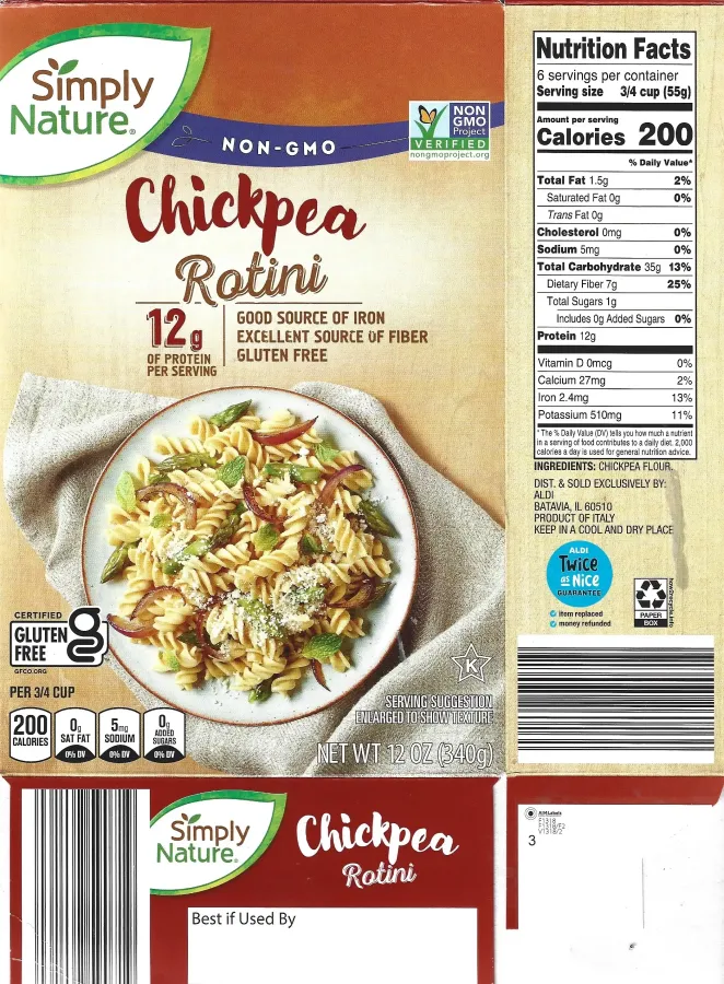 Simply Nature Chickpea Rotini Ingredients Nutrition Facts