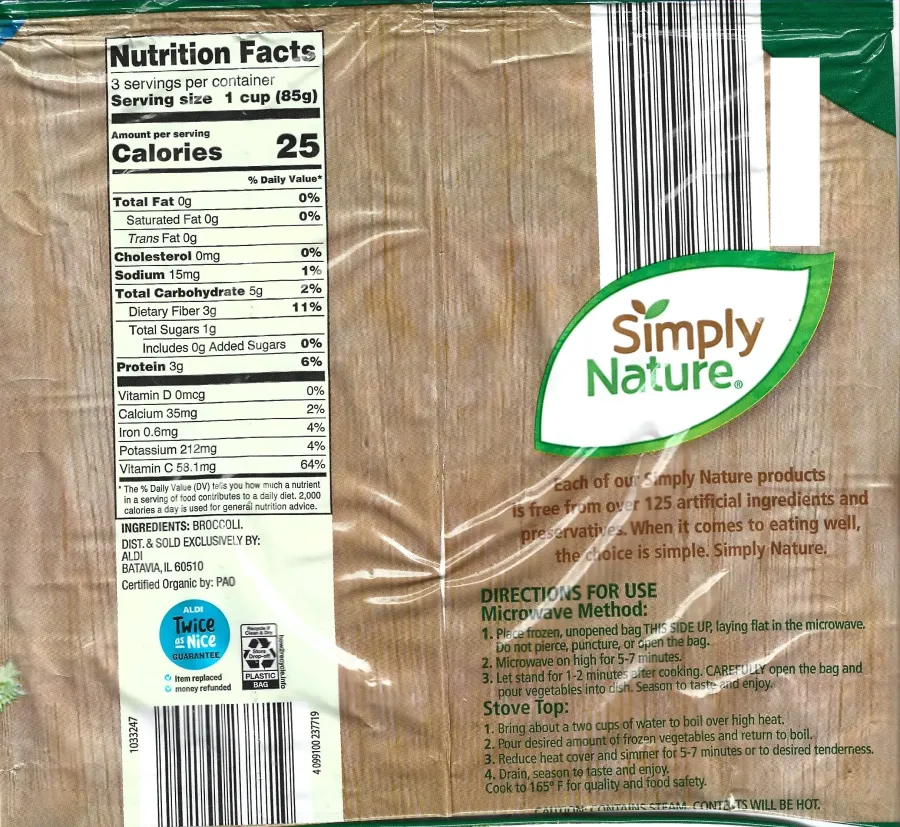 Simply Nature Organic Broccoli Florets Ingredients Nutrition Facts Cooking Directions