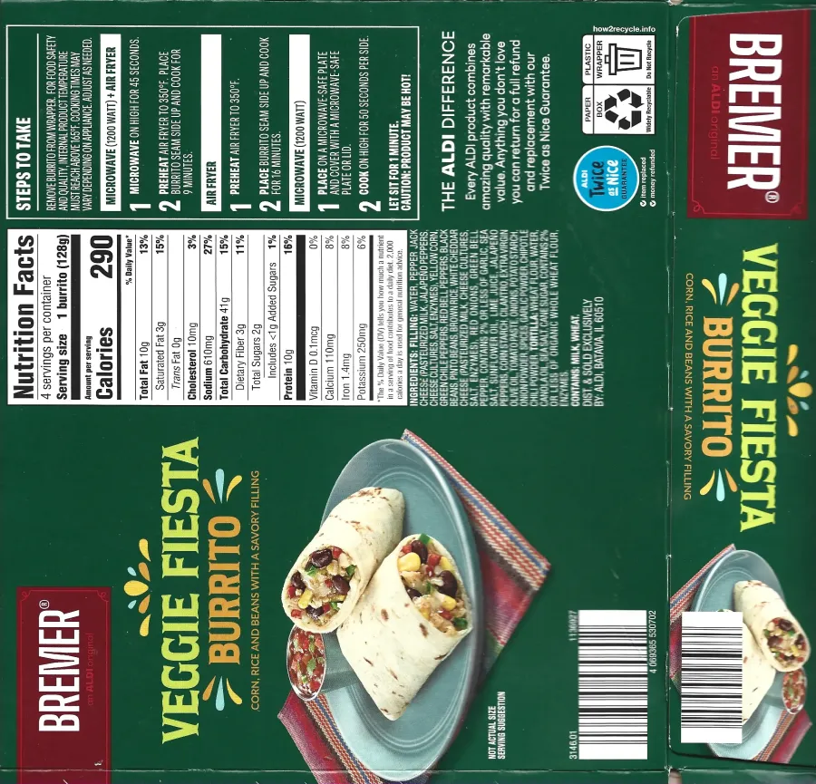Bremer Veggie Fiesta Burrito Ingredients Nutrition Facts Cooking Directions