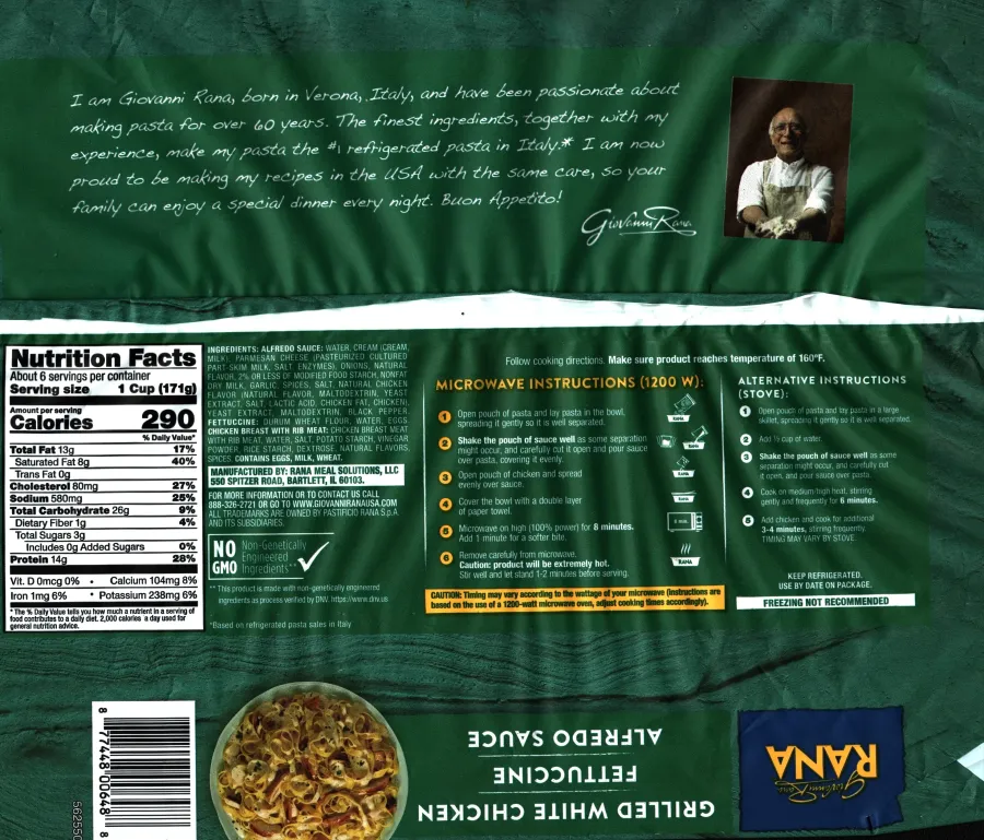 Rana Family Size Grilled White Chicken Fettuccine Alfredo Sauce Ingredients Nutrition Facts Cooking Directions