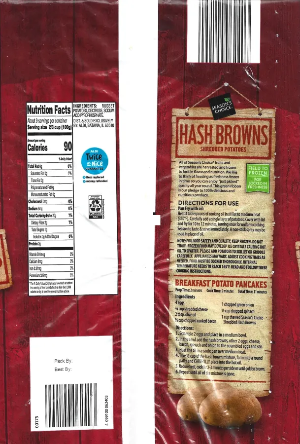 Seasons Choice Hash Browns Ingredients Nutrition Facts Cooking Directions