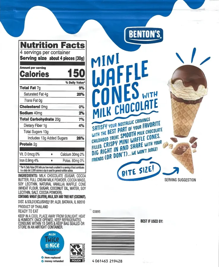 Bentons Mini Waffle Cones Milk Chocolate Ingredients Nutrition Facts