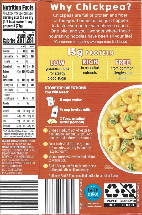 Cheese Club Mac And Cheese Made With Chickpea Pasta Ingredients Nutrition Facts Cooking Directions