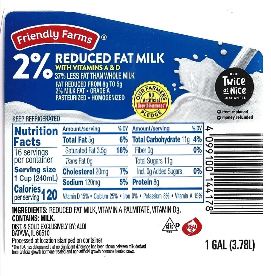 Friendly Farms 2 Percent Milk Ingredients Nutrition Facts