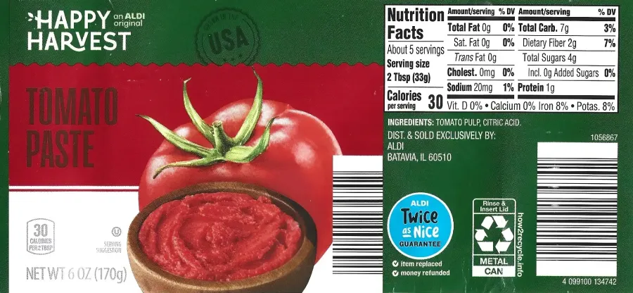 Happy Harvest Canned Tomato Paste Ingredients Nutrition Facts
