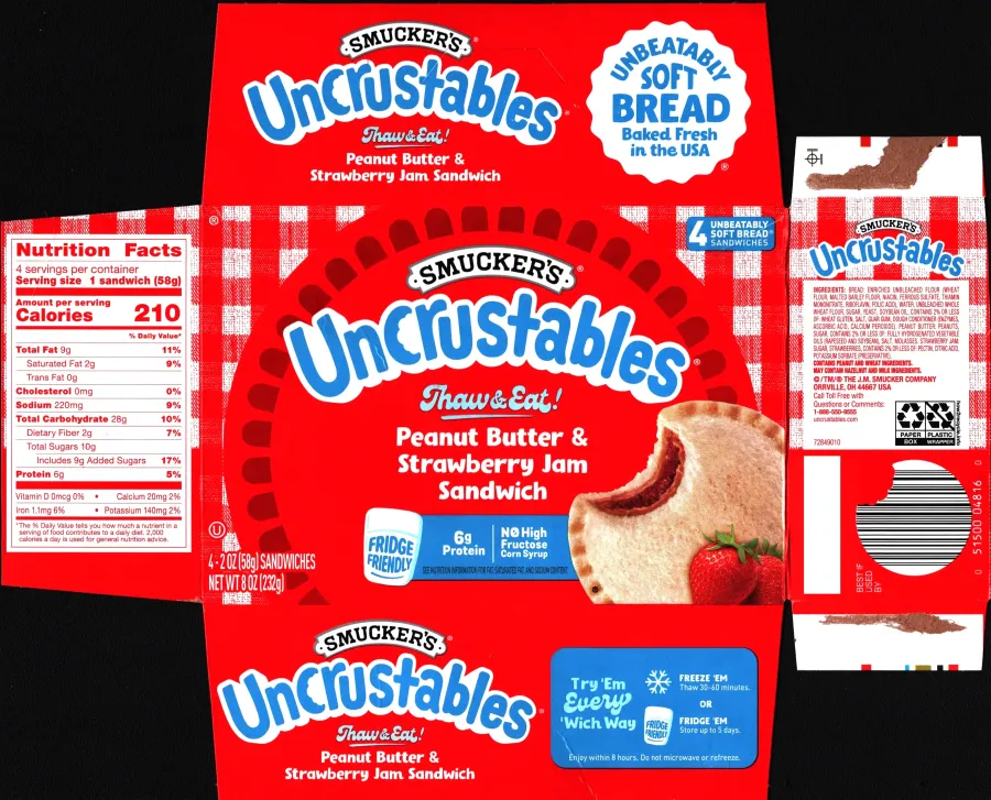 Smuckers Peanut Butter And Strawberry Uncrustables Ingredients Nutrition Facts