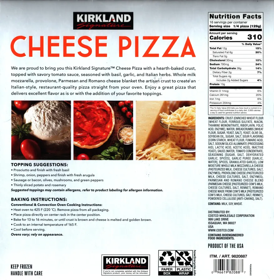 Kirkland Signature 4 Pack Cheeze Pizza Ingredients Nutrition Facts Cooking Directions