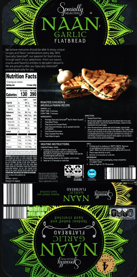 Specially Selected Garlic Naan Flatbread Large Ingredients Nutrition Facts Cooking Directions