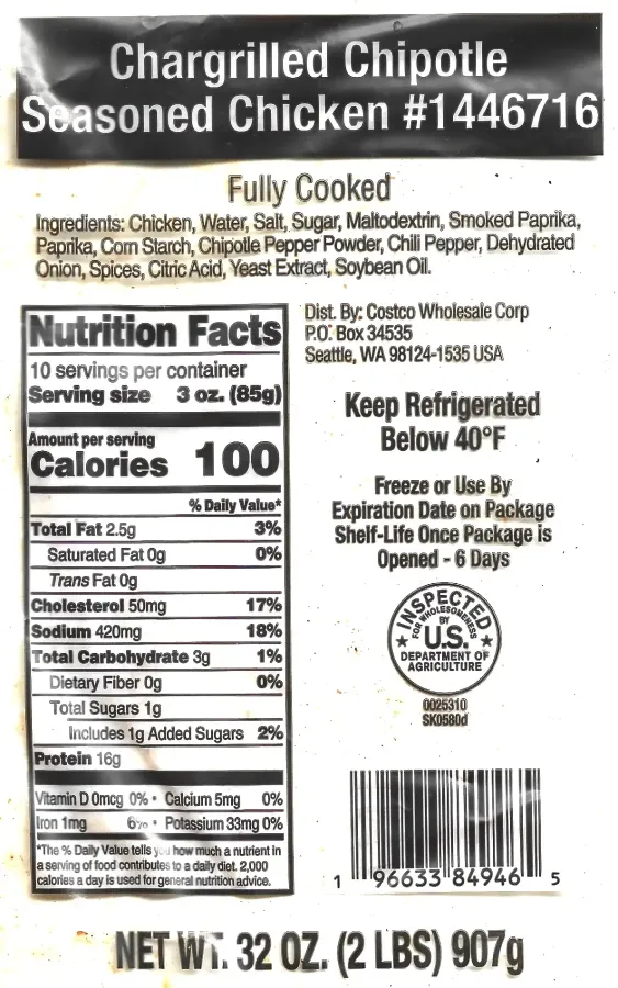 Costco Chargrilled Chipotle Seasoned Chicken Ingredients Nutrition Facts