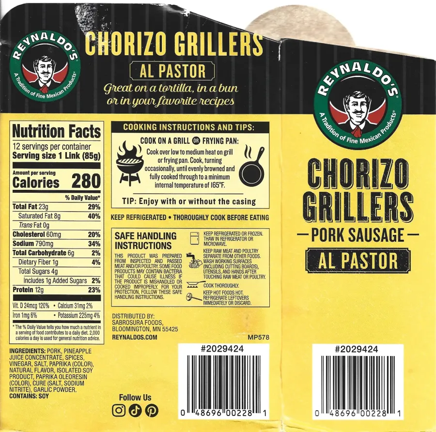 Reynaldos Chorizo Grillers Ingredients Nutrition Facts Cooking Directions