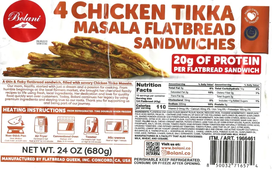 Bolani Chicken Tikka Masala Flatbread Sandwiches Ingredients Nutrition Facts Cooking Directions