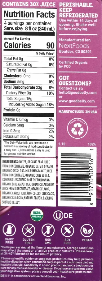 Goodbelly Pomegranate Blackberry Probiotic Juice Ingredients Nutrition Facts