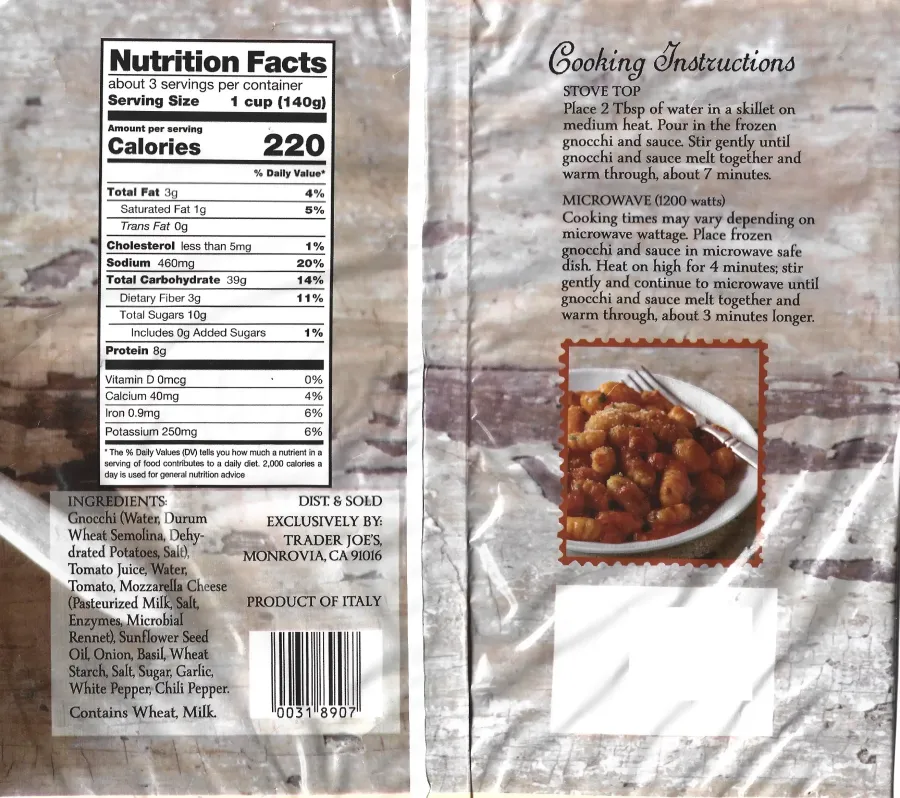 Trader Giottos Gnocchi Alla Sorrentina Ingredients Nutrition Facts Cooking Directions