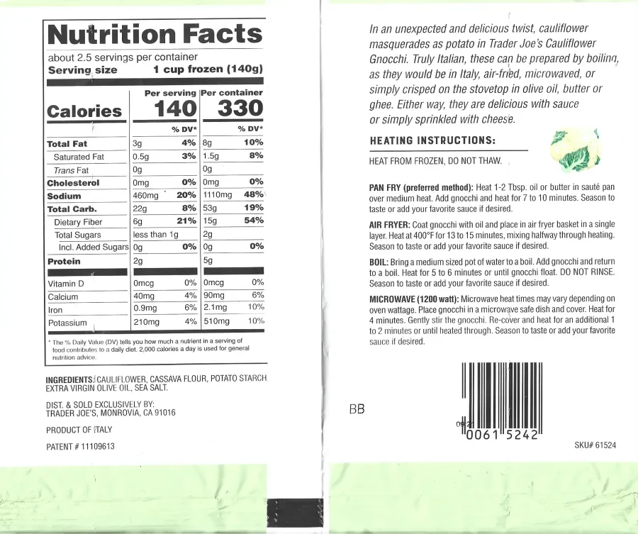 Trader Joes Cauliflower Gnocchi Ingredients Nutrition Facts Cooking Directions