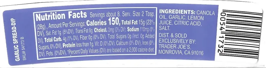 Trader Joes Garlic Spread Dip Ingredients Nutrition Facts